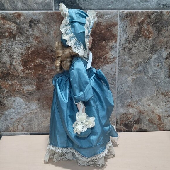 VTG Porcelain Doll Green Eyes Blue Satin Dress White Lace Trim Matching Bonnet - Picture 12 of 14